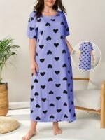 Women'S Plus Casual Sleep Dress, Plus Size Heart Print Short Sleeve Crew Neck Nightdress - Image 3