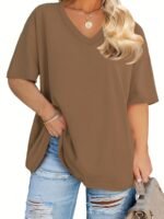 Women'S Plus Size Casual V-Neck T-Shirt, Polyester 95.0% Spandex 5.0%, Solid Color Knit Fabric, Retro Vacation Style Short Sleeve Tee For Spring/Summer, Ladies T Shirts - Image 3