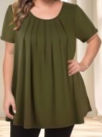 Women'S Casual Crew Neck Short Sleeve Blouse, Solid Color Plus Size, Lightweight Polyester With Subtle Stretch, Flared Hem, Spring/Summer Fashion Top, Casual Wear Blouse | Elegant Plus Size | Simple Eleganc - Image 4