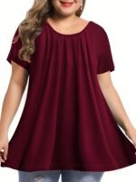 Elegant Crew Neck Ruched Bust Slight Stretch Knit Fabric Pullovers Polyester Casual Tops For Women, Plus Siz - Image 2