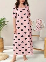 Women'S Plus Casual Sleep Dress, Plus Size Heart Print Short Sleeve Crew Neck Nightdress - Image 2