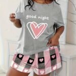 Women'S Plus Size Pajama Set, Cute Cartoon Heart & Leopard Print, Polyester 95% Elastane 5%, Knit Fabric, Slight Stretch, Crew Neck, All Season Sleepwear, 140Gsm - Grey