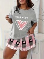 Women'S Plus Size Pajama Set, Cute Cartoon Heart & Leopard Print, Polyester 95% Elastane 5%, Knit Fabric, Slight Stretch, Crew Neck, All Season Sleepwear, 140Gsm - Grey