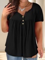 Women'S Plus Size Casual Buttoned Pleated T-Shirt, Summer Knit Fabric Top, Crew Neck, Solid Color, Slight Stretch, Oversized Pullovers, Polyester 95% Spandex 5% - Navy Blue - Image 9