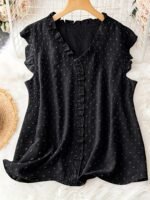 Women'S Plus Size Sleeveless Blouse - Elegant V-Neck With 3D Dot Lace Trim, Polka Dot Pattern, Ruffled Detail, Polyester, Perfect For Casual Or Formal Occasions, Casual Wear Blouses | Polka Dot Design | Delicate Lace Detailing - Image 7