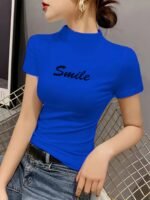 Chic Embroidered "Smile" Mock Neck T-Shirt For Women - Vibrant Orange, Short Sleeve, Slim Fit, Casual Spring/Summer Top, Machine Washable, Polyester & Spandex Blend - Image 2