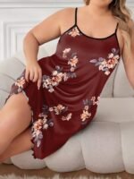 Women'S Plus Sexy Loungewear Dress, Plus Size Floral Print Round Neck Frill Trim Cami Nightdress - Image 5