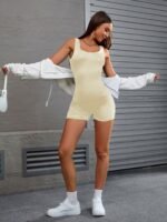 Women'S Off-Shoulder Backless Jumpsuit - Slim Fit Stretchy Solid Color Casual Romper With Drawstring Waist, White & Beige, Spring Summer Fashion, All-Season Versatile Outfit, Jumpsuit For Summer, Comfortable Footwear