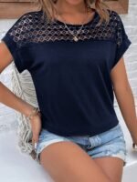 Women'S Batwing Short Sleeve T-Shirt - Lace Contrast Raglan Sleeves, Round Neck Longline Top, Burgundy & White Elegant Design, Machine Washable All-Season Casual Wear, Vacation Clothing, Nontransparent Fabric - Image 9