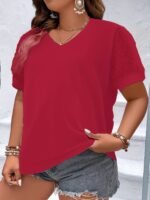 Plus Size Mesh Stitching T-Shirt, Casual V Neck Short Sleeve T-Shirt, Women'S Plus Size?Clothing - Image 7