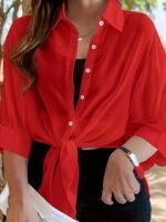 Plus Size Women'S Lightweight Semi-Sheer Chiffon Shirt - Casual Beach Cover-Up With Front Tie Bow, Loose Fit Open Front Button-Up For Swimsuits & Dresses, Machine Washable Spring/Summer Tops, Summer Layering Piece, Foldover Collar, Elegant Ruching, Vacation Outfit, Flowy Texture, Stylish Cover Up, Beachgoers Outfit - Image 2
