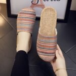 Women'S Japanese Style Breathable Slippers, Bohemian Striped Indoor Slides, Lightweight Non-Slip Soft Sole, Hand Wash Or Dry Clean, All-Season Fabric Upper And Liner, Eva Sole, Home Footwear - Image 3