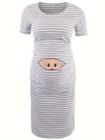Charming Pregnancy Graphic Maternity Dress - Green Bodycon Short Sleeve Top With Cute Bump Print, Round Neckline, All-Season Comfort For Expectant Mothers, Maternity Dress | Playful Print | Stretchy Fabric - Image 7