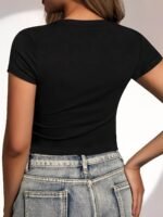 Solid Color Skinny Crop Top, Stylish Short Sleeve Crew Neck Top For Spring & Summer, Women'S Clothing - Image 10