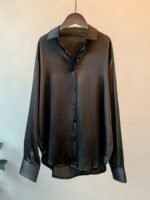 Elegant Long Sleeve Button-Up Blouse For Women - Chic Acetate Top With Lapel Collar, Solid Color, Perfect For Office Or Casual Wear, All-Season Comfort, Stylish Blouse | Classic Long Sleeve | Smooth Texture