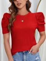 Women'S Elegant Solid Color T-Shirt - Vibrant Red Round Neck Short Sleeve, Machine Washable & Dry Cleanable, Versatile Casual & Formal Wear, All-Season Comfort, Everyday Outfit, Puffed Sleeves, Soft Texture, Stylish Blouse, Fashion Lovers