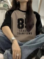 Everyday Women'S Y2K T-Shirt - Colour Blocked Sleeves, Round Neck, Short Sleeves, Polyester Blend Fabric, "215.9Cm Letters And Numbers Printed On The Same Pattern As Tuso, Four Seasons Jersey Fabric, Machine Washable. - Image 2