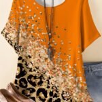Plus Size - Plus Size Women'S Leopard Print T-Shirt - Casual & Comfortable Round Neck Short Sleeve Top, Vibrant Orange With Black & White Leopard Pattern, Lightweight Summer Tee, No Accessories Included, Leopard Print Tee, Comfortable Fashion