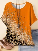 Plus Size - Plus Size Women'S Leopard Print T-Shirt - Casual & Comfortable Round Neck Short Sleeve Top, Vibrant Orange With Black & White Leopard Pattern, Lightweight Summer Tee, No Accessories Included, Leopard Print Tee, Comfortable Fashion