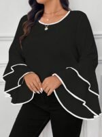 Plus Size Contrast Trim Crew Neck Blouse, Elegant Layered Ruffle Sleeve Top For Spring & Fall, Women'S Plus Size Clothing - Image 7