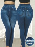 Plus Size Women'S Casual Style All-Season Stretch Denim-Look Leggings - High Elasticity, Machine Washable, Faux Pockets Detail, Polyester & Elastane Blend, Smooth Fabric, Ideal For Vacation, Plus Size Jeans.Non-Denim Pants With Denim Print - Image 3