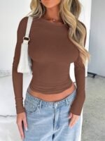 Women'S Y2K Solid Color Cropped Slim Fit Long Sleeve T-Shirt - Round Neck Casual Top For Spring/Autumn, Machine Washable Everyday & Back-To- Outfits, Ladies T Shirts, Spring Fashion, Minimalist Style, Smooth Fabric, Stylish Blouse, Women - Image 7