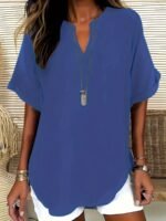 Elegant Plus Size Women'S V-Neck Short Sleeve Blouse - Light Gray, Casual & Stylish For Spring/Summer, Relaxed Fit With Half-Sleeve Design, Casual Wear | Relaxed Fit Top | Stylish Necklin - Image 5
