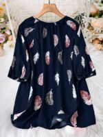 Elegant Notched Collar Polyester Non-Stretch Shirting Blouse With Print For Plus Size - Image 10