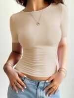 Women'S Pink Short Sleeve T-Shirt - "I Am Not A Stranger" Graphic, Crop Top With Ruched Detail, Casual Summer Tee, Casual Summer Wear | Ruched Detail Top | Comfortable Fit, Ladies T Shirts - Image 5