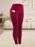 Women'S Plus Size High Waist Tummy Control Leggings With Side Pockets, 88% Polyester 12% Elastane, Knit Fabric, Stretchy Cropped Yoga Pants For Running & Fitness, All Season Solid Color Athletic Skinny Pants - Image 4