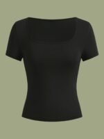 3Pcs Women'S Casual Square Neck Short Sleeve T-Shirts - High Elasticity Solid Color Tops, Machine Washable & Versatile For Casual Attire, All-Season Comfort - Image 7