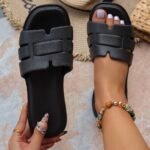 Women'S Black Eva Flat Slides - Open Toe Summer Beach Sandals, Casual Comfortable Slip-On Shoes With Ankle Strap, Large Size For Outdoor Relaxation, Ladies Sandals