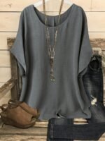 Plus Size, Plus Size Women'S Casual Summer Batwing Sleeve Blouse - Olive Green Solid Color Round Neck Short Sleeve Shirt, Machine Washable & Dry Cleanable, Elegance Collection - Image 5