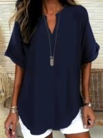 Elegant Plus Size Women'S V-Neck Short Sleeve Blouse - Light Gray, Casual & Stylish For Spring/Summer, Relaxed Fit With Half-Sleeve Design, Casual Wear | Relaxed Fit Top | Stylish Necklin - Image 7