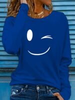 Women'S Casual Long Sleeve Crew Neck Graphic Print T-Shirt - Playful Joyful Face Design, Slim Fit, Soft Breathable Fabric For Spring & Fall, Versatile Everyday Top, Ladies T Shirts, Wink Motif Apparel, Highquality - Image 6