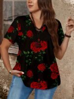 Plus Size Rose Print V Neck T-Shirt, Casual Short Sleeve Top For Spring & Summer, Women'S Plus Size Clothing - Image 3