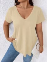 Women'S Elegant V-Neck Short Sleeve T-Shirt - Soft Stretch Fabric, Machine Washable, Solid Color Casual Top For Spring Summer Fall, Seasonal Fashion, Versatile Clothing, Nontransparent Material - Image 4
