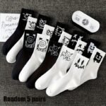 5-Pack Unisex Mid-Calf Socks - Breathable Moisture-Wicking All-Season Athletic Socks With Cartoon Letter Print (C/M/P/Phantom/Sketch) - Black & White Couples Socks For Daily Wear & Sports - Machine Washable, Fluffy Socks, Breathable Fabric - Image 4