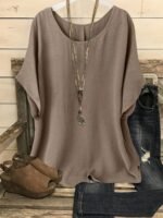 Plus Size, Plus Size Women'S Casual Summer Batwing Sleeve Blouse - Olive Green Solid Color Round Neck Short Sleeve Shirt, Machine Washable & Dry Cleanable, Elegance Collection - Image 9