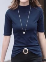 8077 Casual High Neck Solid Color T-Shirt For Women - Polyester Knit Fabric, Regular Fit, Spring/Fall Season - Image 2