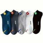 5 Pairs/10 Pairs Men'S Trendy Alphabet Pattern Socks, Polyester 95% & Elastane 5%, Knit Fabric, Anti-Odor, Shallow Cuff, All-Season Boat Socks, Machine Washable, Versatile & Fashionable - Image 3