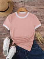 Contrast Trim Short Sleeve T-Shirt, Casual Crew Neck Top For Spring & Summer, Women'S Clothing - Image 8