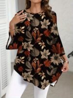 Plus Size Women'S Casual Elegant Floral Print Round Neck Blouse - Navy Blue & White Summer Top, Machine Washable Non-See-Through Fabric, Relaxed Fit For Casual Attire, Comfortable Daily Apparel | Nontransparent Material, Floral Print Blouse - Image 2