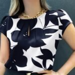 Women'S Elegant Casual Short Sleeve Blouse - Black & White Abstract Leaf Print, Loose Fit Round Neck, Chest Ruching, Semi-Sheer Summer Top, Machine Washable, Everyday Sophisticated Wear, Delicate Fabric Shirt, Fitted Waist Accentuate Figure