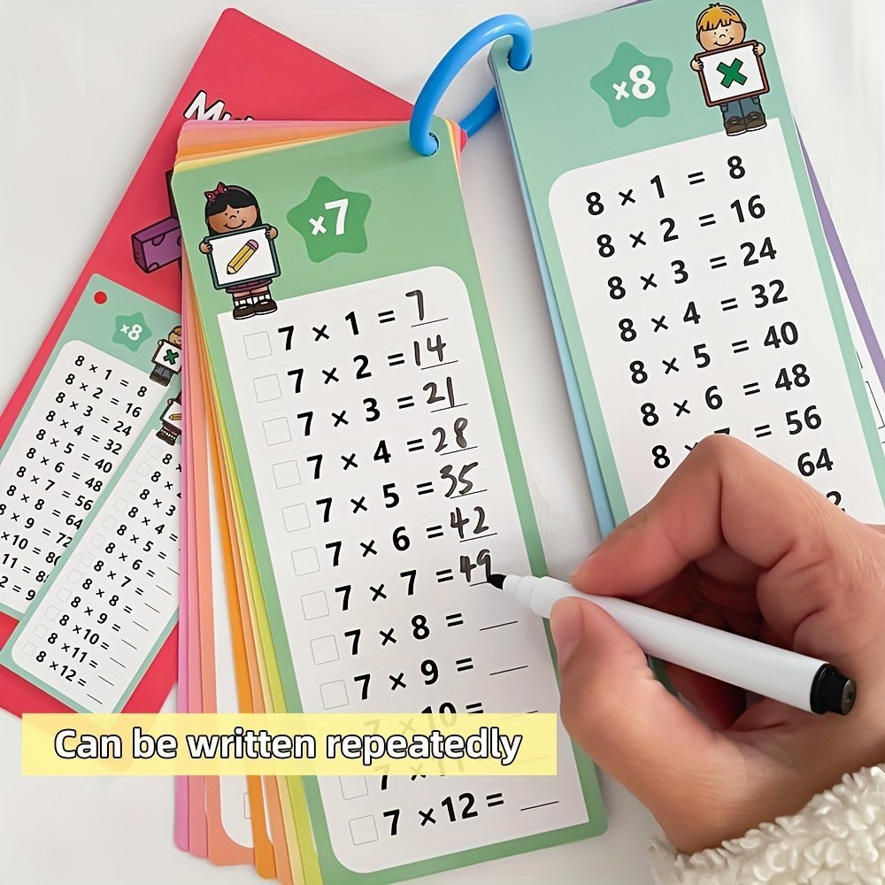 product-fancy-2de2bb2a-54ab-42d0-acc9-9e314b240c41.jpg 14Pcs Multiplication Flash Card Set With Self-Check & Scoring - Includes Storage Ring, Dry Erase Markers - Ideal For Classroom & Home Learning, Perfect Gift For Students - Image 1