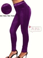 Plus Size - Women'S High-Waisted Stretch Denim Print Leggings - Purple & White Striped Design, Comfortable All-Season Casual Wear, Perfect For & Casual Attire, High Waisted Leggings - Image 7