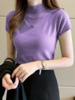 Women'S Slim Fit Short Sleeve Sweater - High Elasticity Round Neck Fish Tail Hem, 100% Polyester Solid Color Top For All-Season Layering & Casual To Formal Wear - Image 2
