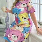Women'S Cute Cartoon Bear Print Sleep Dress - Soft Short Sleeve Round Neck Nightgown, Machine Washable All-Season Lounge Dress For Adults, Ladies Sleepwear, Cozy Nightgown, Whimsical Nightwear, Comfortable Material, Casual Nightwear, Adult Nightgown