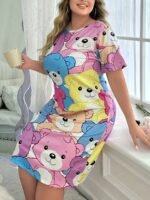 Women'S Cute Cartoon Bear Print Sleep Dress - Soft Short Sleeve Round Neck Nightgown, Machine Washable All-Season Lounge Dress For Adults, Ladies Sleepwear, Cozy Nightgown, Whimsical Nightwear, Comfortable Material, Casual Nightwear, Adult Nightgown