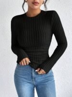 Women'S Elegant Ribbed Pullover Sweater - Solid Color Round Neck Long Sleeve, Medium Stretch Machine Washable Fall Winter Tops For Casual & Formal Wear, Sweater, Everyday Comfort Wear, Textured Fabric - Image 2